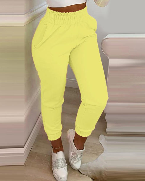Pocket Design Shirring Waist Frill Hem Casual Pants